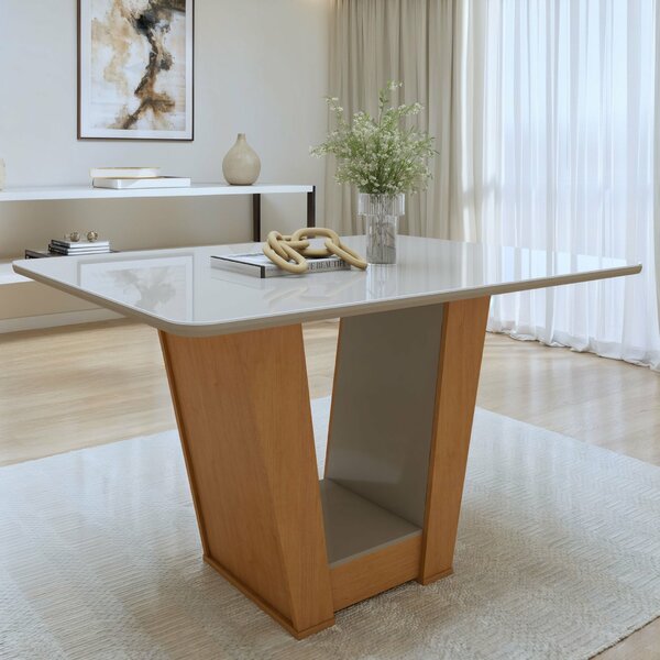 Mesa De Jantar 120x80cm Tampo Mdf/vidro Apogeu  Amêndoa Clean