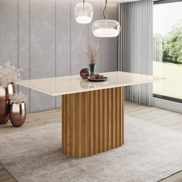 Mesa De Jantar 160x90cm Tampo Vidro/mdf Canto Reto Solana Nat