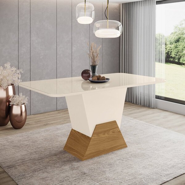 Mesa De Jantar 160x90cm Tampo Vidro/mdf Marina Off White/natu