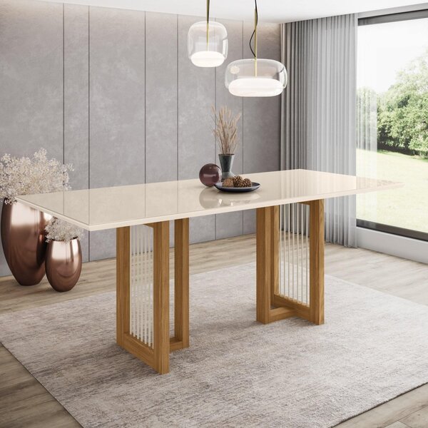 Mesa De Jantar 200x90cm Tampo Vidro/mdf Canto Reto Yara Natur
