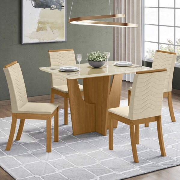 Mesa De Jantar 4 Lugares Alicia Com Vidro Nature/off White/li