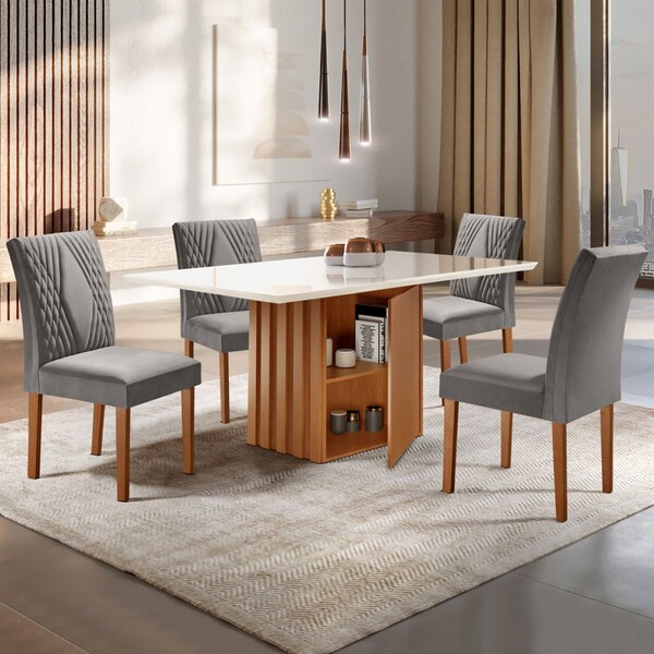 Mesa De Jantar 4 Lugares Elis Com Vidro Cinamomo/off White/su