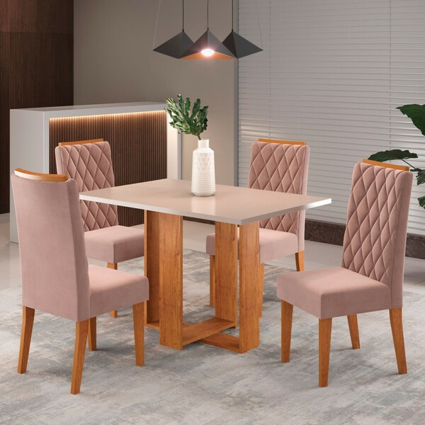 Mesa De Jantar 4 Lugares Nova York Mel/blonde/veludo Rosa - V
