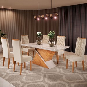Mesa De Jantar 6 Lugares Amanda Diamantina Com Vidro Mel/nude/off White