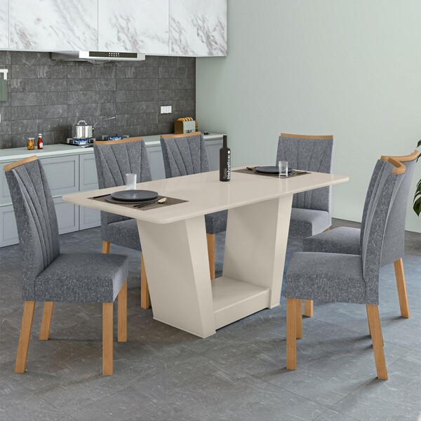 Mesa De Jantar 6 Lugares Apogeu Com Vidro Off White/amêndoa C