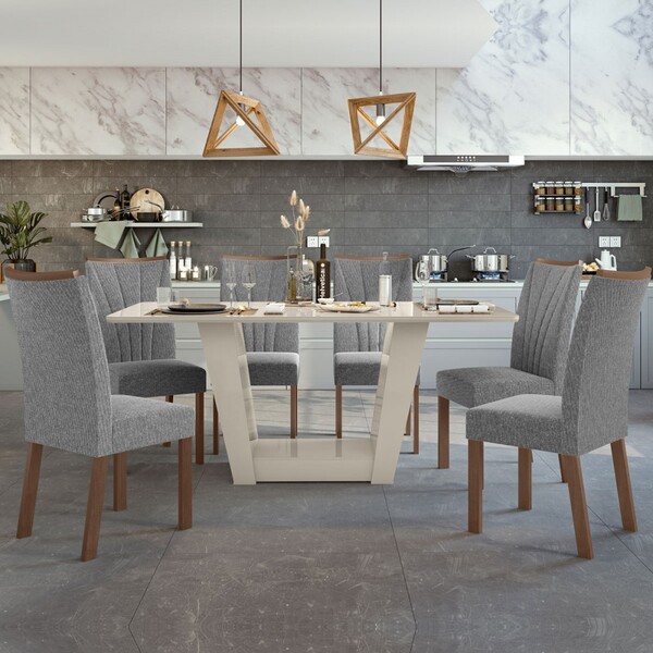 Mesa De Jantar 6 Lugares Apogeu Com Vidro Off White/imbuia Cl