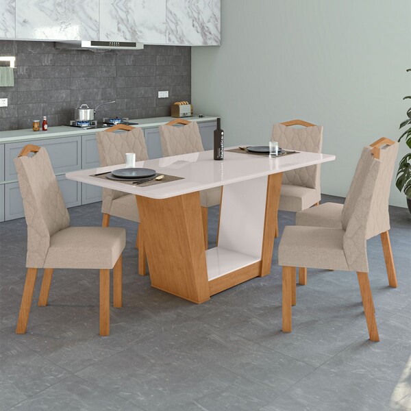 Mesa De Jantar 6 Lugares Apogeu Vênus Com Vidro Amêndoa Clean