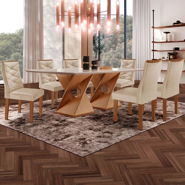 Mesa De Jantar 6 Lugares Barcelona Com Vidro Cinamomo/off Whi