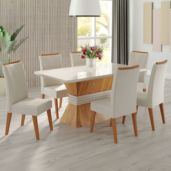 Mesa De Jantar 6 Lugares Brotherhood Com Vidro Mel/marfim/off