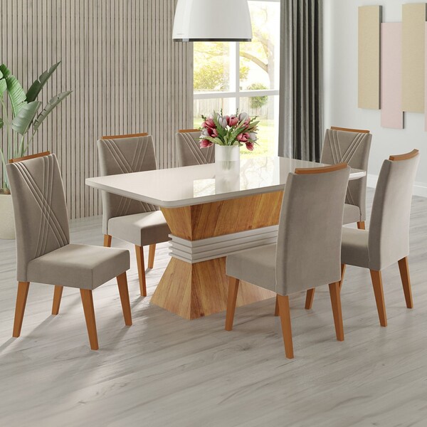 Mesa De Jantar 6 Lugares Brotherhood Com Vidro Mel/perola/off