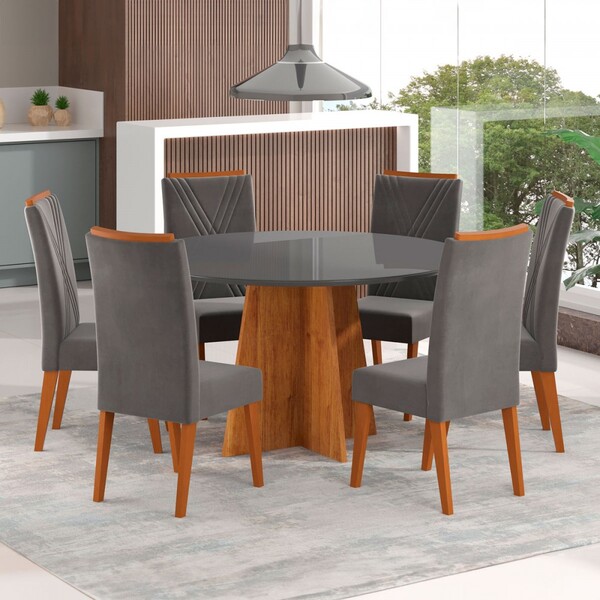 Mesa De Jantar 6 Lugares Córdoba Com Vidro Mel/grafite - Pano