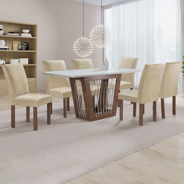 Mesa De Jantar 6 Lugares Cuenca/canela Com Vidro Chocolate/of