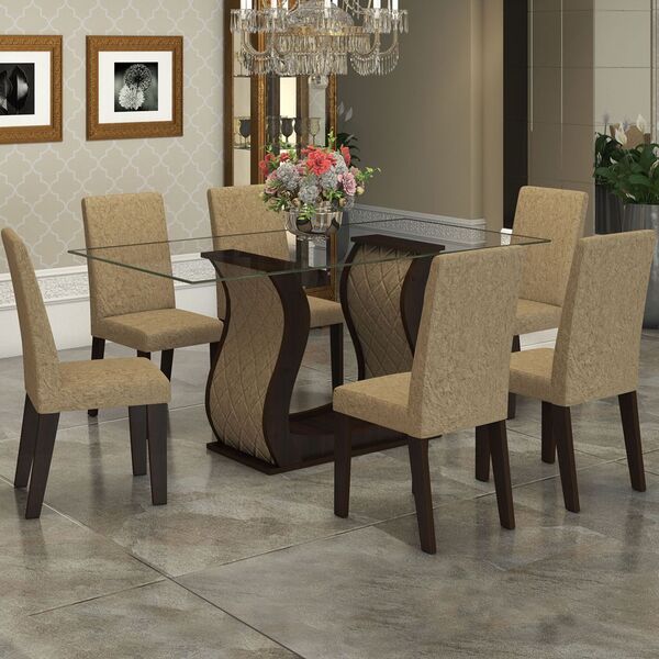 Mesa De Jantar 6 Lugares Detalhes Nogueira/gold - Viero Móveis