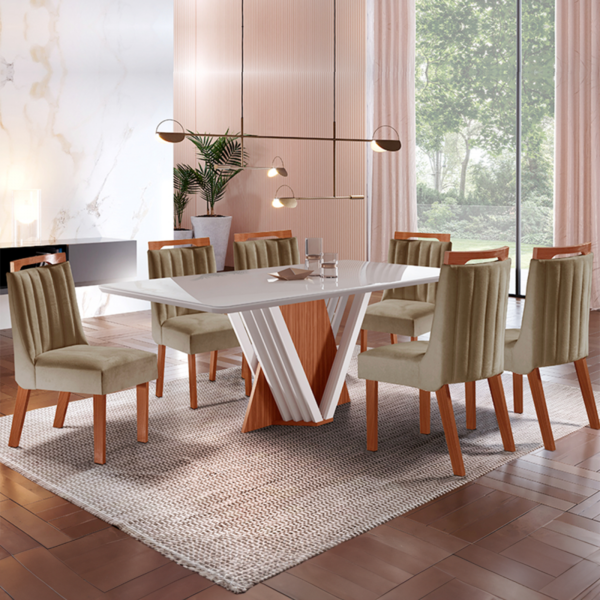 Mesa De Jantar 6 Lugares Doha Com Vidro Prêmio/off White/sued