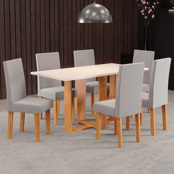 Mesa De Jantar 6 Lugares Erika Mel/blonde/veludo Cinza 26272