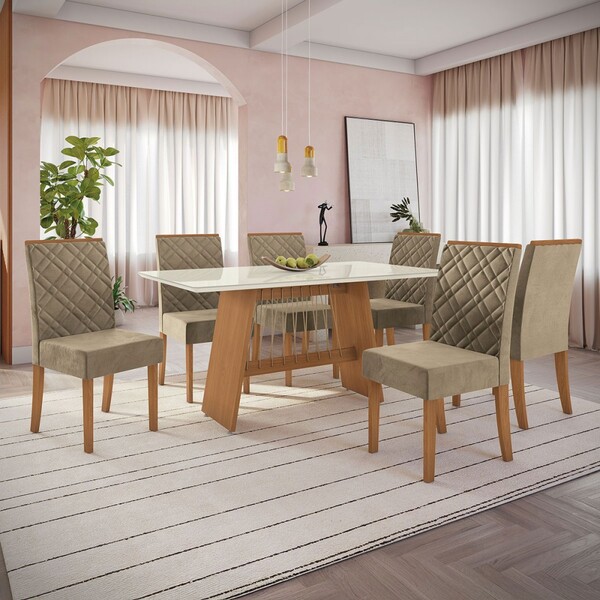 Mesa De Jantar 6 Lugares Fiorella Com Vidro Canela/off White/