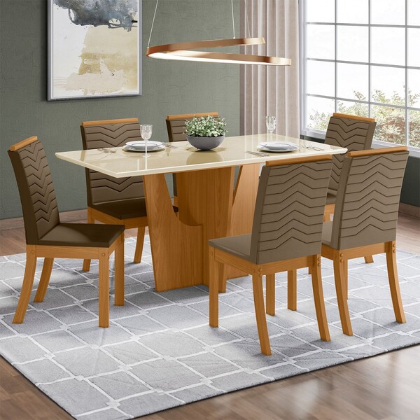 Mesa De Jantar 6 Lugares Florence Com Vidro Nature/off White/