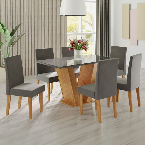 Mesa De Jantar 6 Lugares Franca Mel/grafite/veludo Grafite -