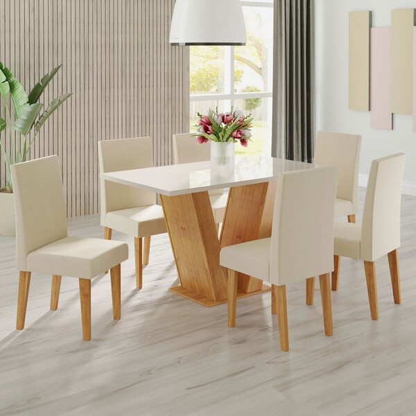 Mesa De Jantar 6 Lugares Franca Mel/off White/veludo Pastel -