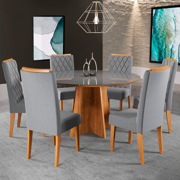 Mesa De Jantar 6 Lugares Isabela Diamantina Com Vidro Mel/vel