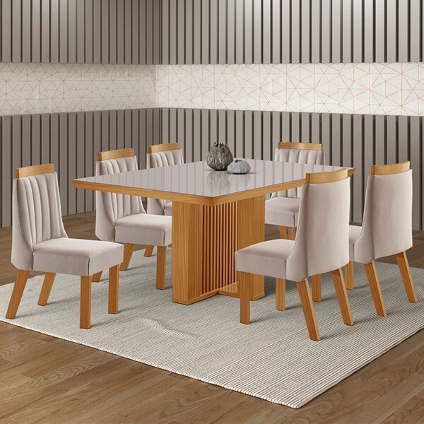 Mesa De Jantar 6 Lugares Kiev Com Vidro Cinamomo/linho Bege -