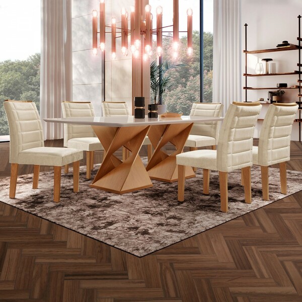 Mesa De Jantar 6 Lugares Lucerna Com Vidro Cinamomo/off White