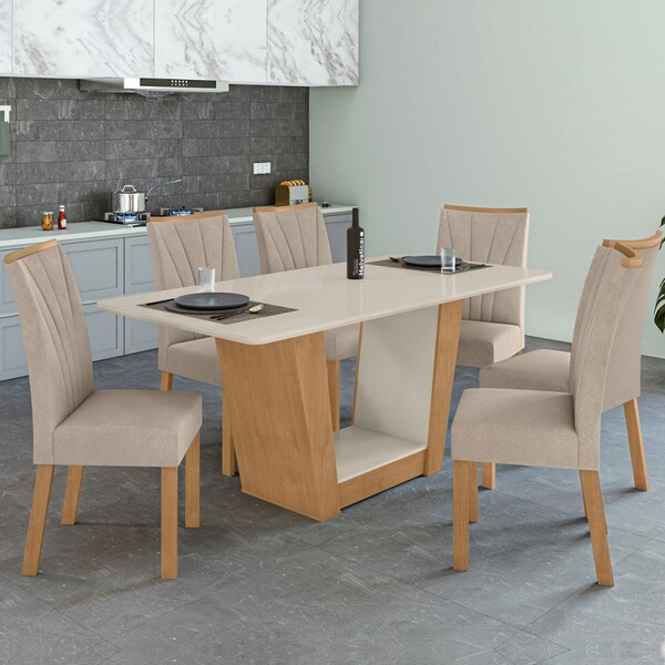 Mesa De Jantar 6 Lugares Luiza Com Vidro Amêndoa Clean/off Wh