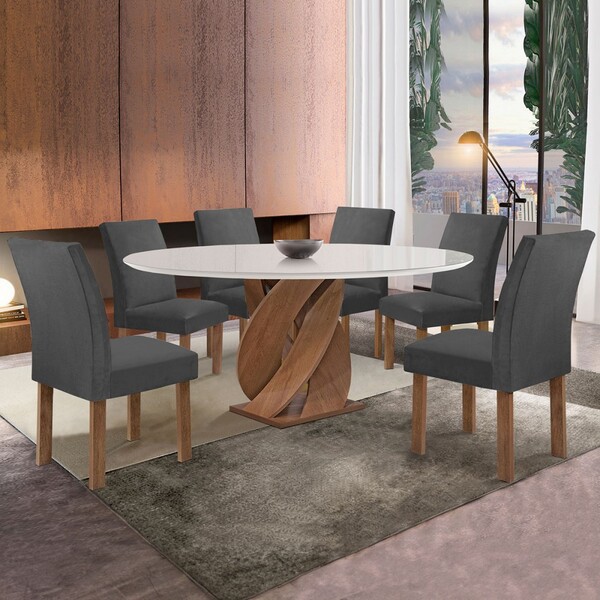 Mesa De Jantar 6 Lugares Luna Canela Com Vidro Chocolate/off