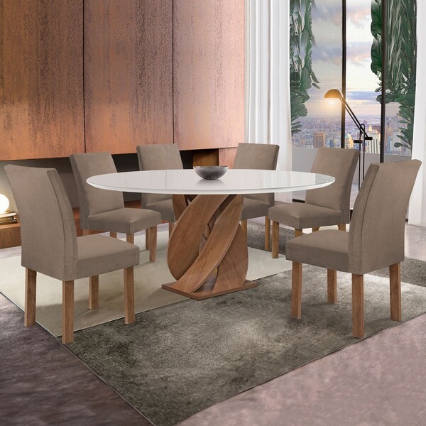 Mesa De Jantar 6 Lugares Luna Canela Com Vidro Chocolate/off