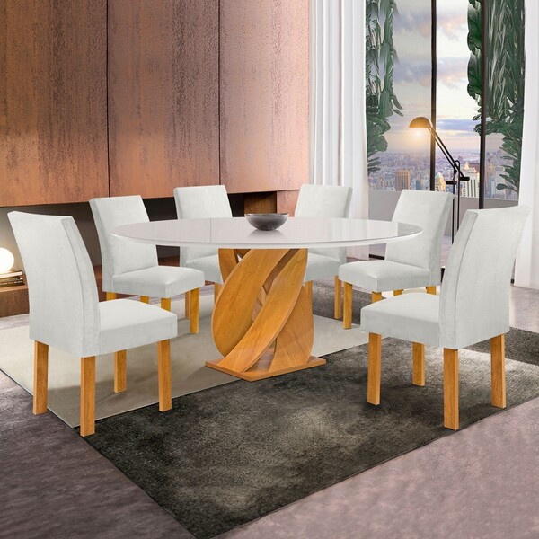 Mesa De Jantar 6 Lugares Luna Canela Com Vidro Cinamomo/off W