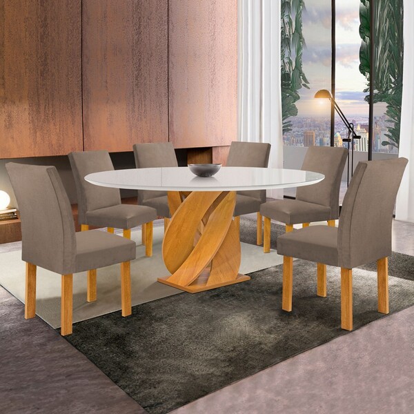Mesa De Jantar 6 Lugares Luna Canela Com Vidro Cinamomo/off W