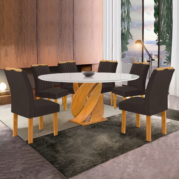 Mesa De Jantar 6 Lugares Luna Com Vidro 100% Mdf Cinamomo/off