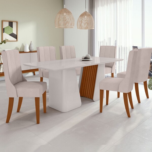 Mesa De Jantar 6 Lugares Luxor Celina Com Vidro Ripado Off Wh