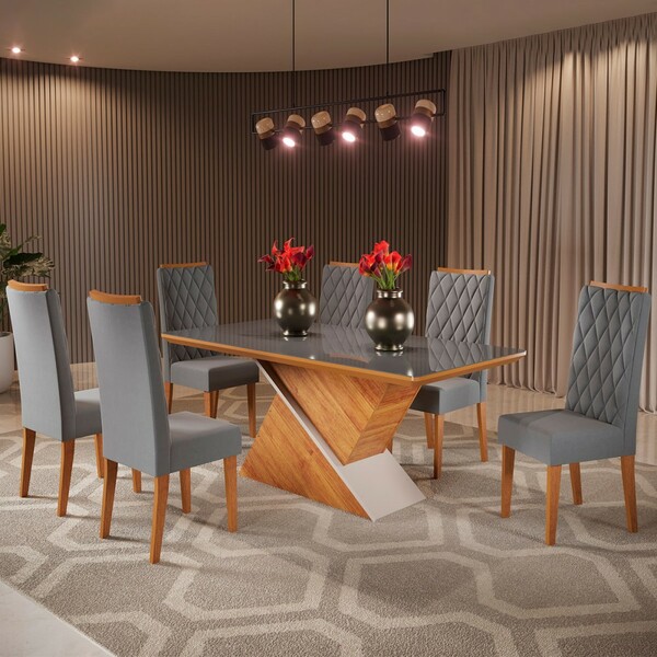 Mesa De Jantar 6 Lugares Mira Com Vidro Mel/veludo Cinza/graf
