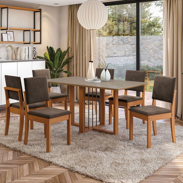 Mesa De Jantar 6 Lugares Nadine Com Vidro Canela/freijo/bronz