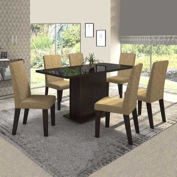 Mesa De Jantar 6 Lugares Rumba Com Vidro Preto 11566 Ameixa/n
