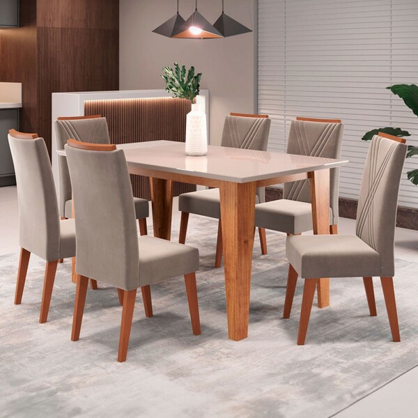 Mesa De Jantar 6 Lugares Sport Com Vidro Mel/perola/off White