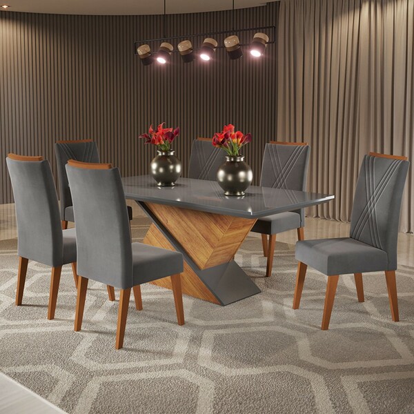 Mesa De Jantar 6 Lugares Stela Com Vidro Mel/cinza/grafite -