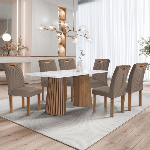 Mesa De Jantar 6 Lugares Stella Com Vidro Ripado Chocolate/of