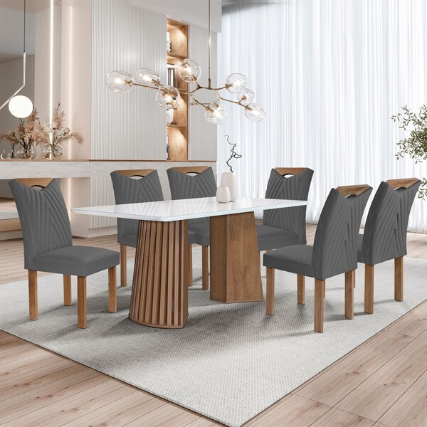 Mesa De Jantar 6 Lugares Stella Com Vidro Ripado Chocolate/of