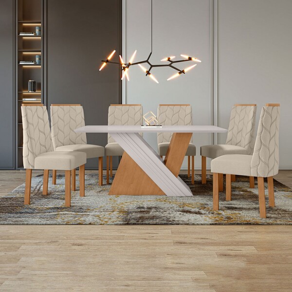 Mesa De Jantar 6 Lugares Vênus Astrid Com Vidro Amêndoa Clean