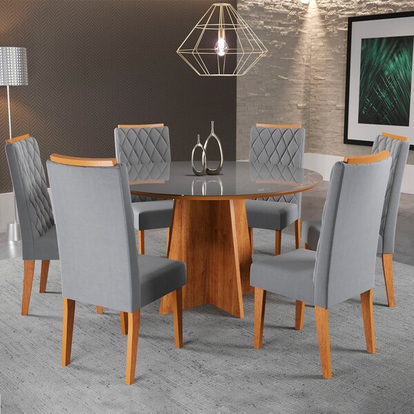 Mesa De Jantar 6 Lugares Virginia Com Vidro Mel/veludo Cinza/