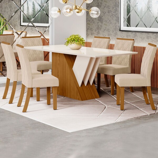 Mesa De Jantar 6 Lugares Vita 100%mdf Nature/off White/linho