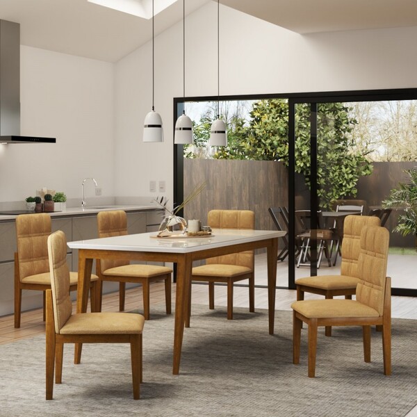 Mesa De Jantar 6 Lugares Zyra Com Vidro Cinamomo/off White -