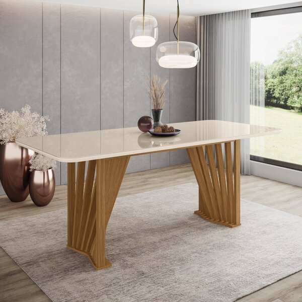 Mesa De Jantar 8 Lugares 200cm Tampo Mdf Com Vidro Canto Arre
