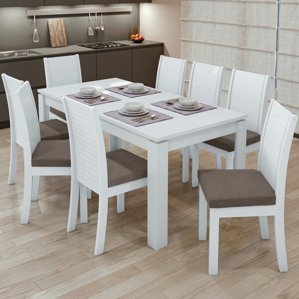 Mesa De Jantar 8 Lugares Athenas Branco/suede Animale Bege 75