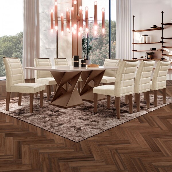 Mesa De Jantar 8 Lugares Genova Com Vidro Chocolate/off White