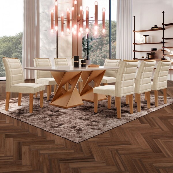 Mesa De Jantar 8 Lugares Genova Com Vidro Cinamomo/off White/