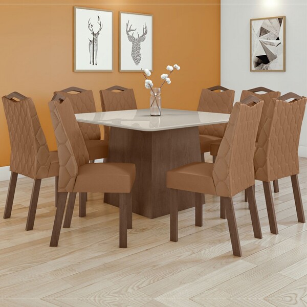 Mesa De Jantar 8 Lugares Nevada Com Vidro Imbuia Clean/off Wh