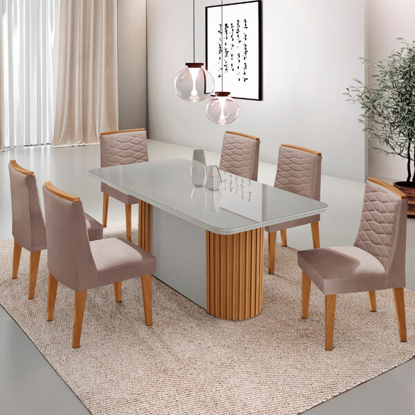 Mesa De Jantar Aspen 180cm Tampo Mdf Vidro Canto Copo Com 6 C
